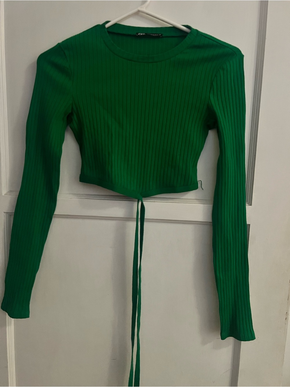 Zara Emerald Ribbed Long-Sleeve Crop Top with Tie